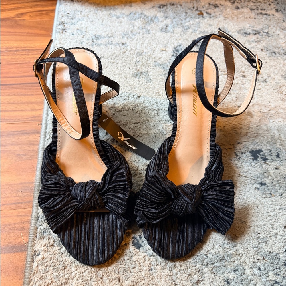 Black Pleated Bow Ankle-Strap Heels